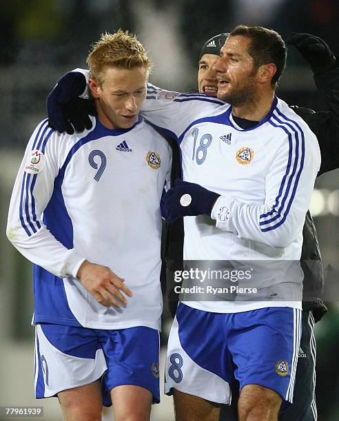 Mikael Forssell and Shefki Kuqi of Finland celebrate after during the Euro 2008 Group A qualifying match between Finland and Azerbaijan at the...