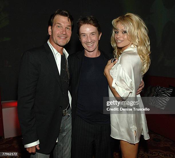 Actor Patrick Swayze, comedian/actor Martin Short and actress Pamela Anderson at Planet Hollywood Resort & Casino's Grand Opening Weekend on November...