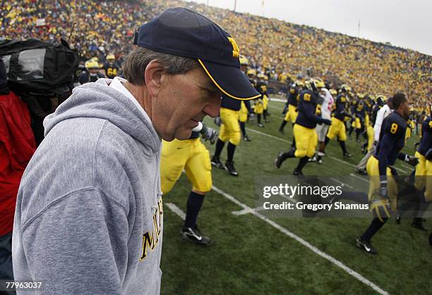 Head coach Lloyd Carr of the Michigan Wolverines walks of the field after a 14-3 loss to the Ohio State Buckeyes on November 17, 2007 at Michigan...