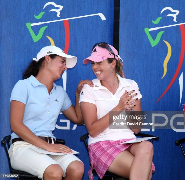 Lorena Ochoa of Mexico and Paula Creamer chat at the Live Draw after the completion of the third round of the 2007 ADT Championship held at the Trump...