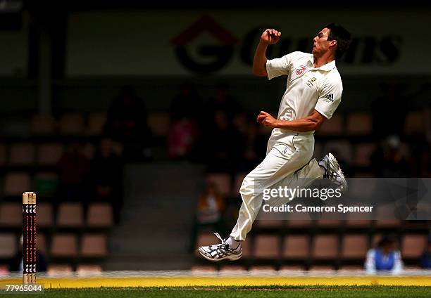 Mitchell Johnson of Australia bowls during day three of the Second test match between Australia and Sri Lanka at Bellrevie Oval on November 18, 2007...