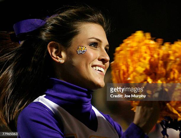 Cheerleader of the LSU Tigers smiles during a game against the Mississippi Rebels at Vaught-Hemingway Stadium at Hollingsworth Field November 17,...
