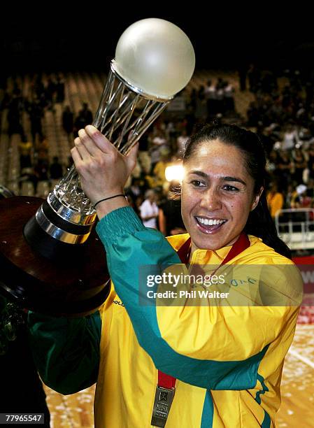 Mo'onia Gerrard of Australia celebrates with the Netball World Cup following the 2007 Netball World Championship Final between New Zealand and...