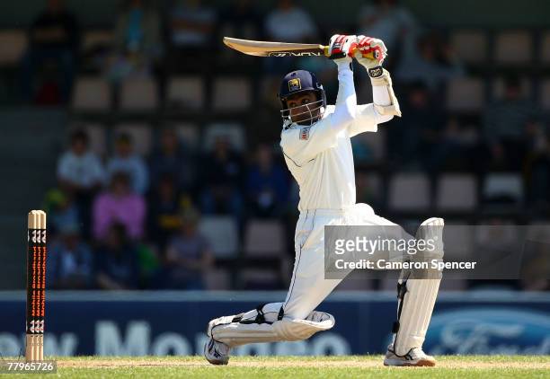 Mahela Jayawardena of Sri Lanka plays a shot during day three of the Second test match between Australia and Sri Lanka at Bellrevie Oval on November...