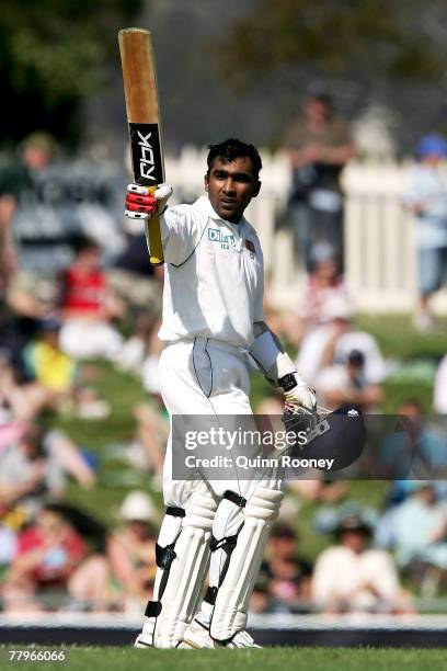 Mahela Jayawardena of Sri Lanka celebrates scoring a century during day three of the Second test match between Australia and Sri Lanka at Bellrevie...