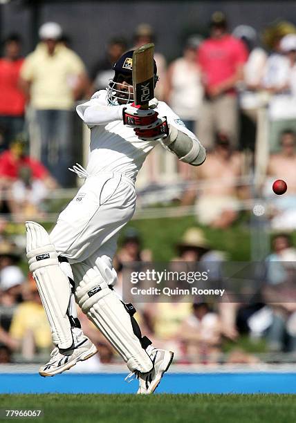 Mahela Jayawardena of Sri Lanka hits a pull shot during day three of the Second test match between Australia and Sri Lanka at Bellrevie Oval on...