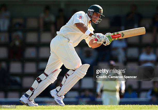 Matthew Hayden of Australia plays a shot during day three of the Second test match between Australia and Sri Lanka at Bellrevie Oval on November 18,...