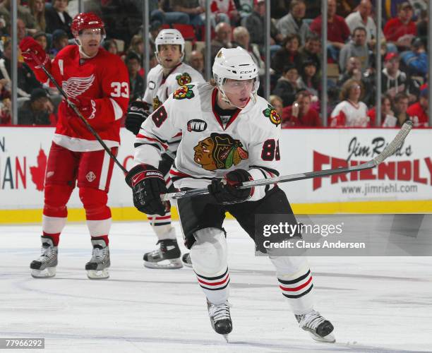 Patrick Kane of the Chicago Blackhawks skates in a game against the Detroit Red Wings on November 17, 2007 at the Joe Louis Arena in Detroit,...