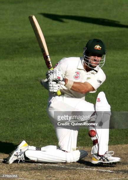 Phil Jaques of Australia plays a sweep shot during day three of the Second test match between Australia and Sri Lanka at Bellrevie Oval on November...