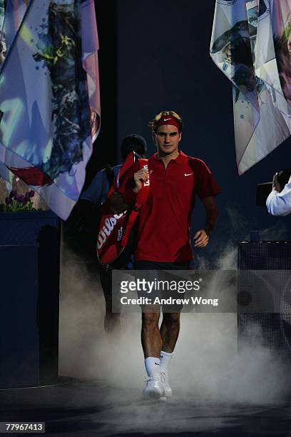 Roger Federer of Switzerland arrives for the final match against David Ferrer of Spain in the Tennis Masters Cup at Qi Zhong Stadium on November 18,...