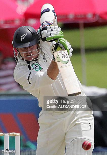 New Zealand's batsman Scott Styris plays a shot off the delivery by South African bowler Andre Nel at Super Sports Park in Centurion on the 3rd day...