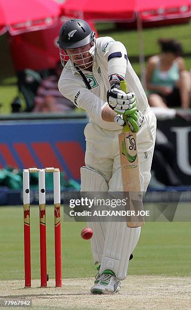 New Zealand's batsman Scott Styris blocks a shot off the delivery by South African bowler Andre Nel at Super Sports Park in Centurion during the 3rd...