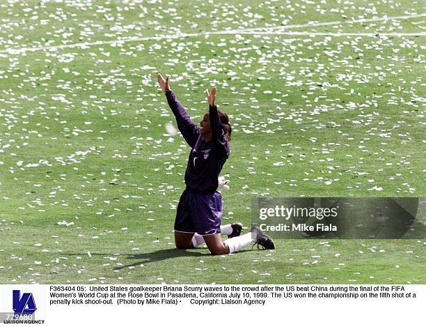 United States goalkeeper Briana Scurry waves to the crowd after the US beat China during the final of the FIFA Women's World Cup at the Rose Bowl in...