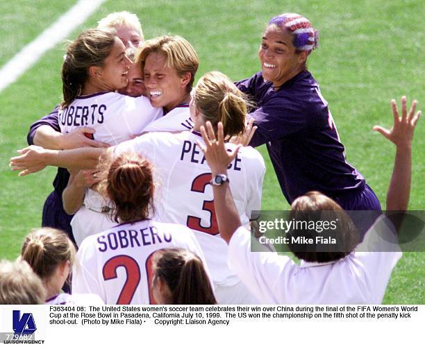 The United States women's soccer team celebrates their win over China during the final of the FIFA Women's World Cup at the Rose Bowl in Pasadena,...