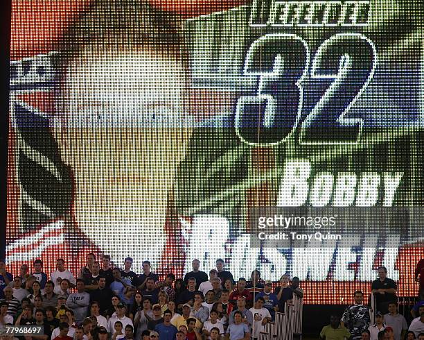 Bobby Boswell's image on the screen after scoring DC United's goal. DC United fell to English champions Chelsea FC 2-1 in a World Series of Football...
