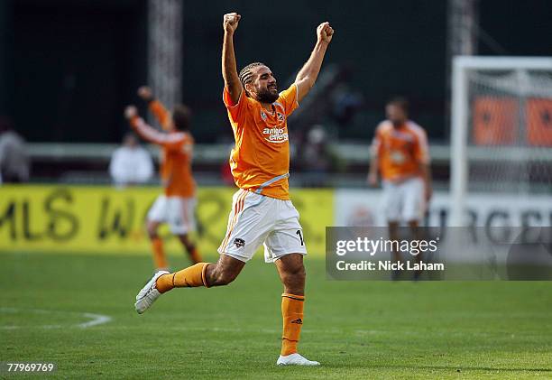 Dwayne De Rosario of the Houston Dynamo celebrates after defeating the New England Revolution by a score of 2-1 to win the 2007 Major League Soccer...