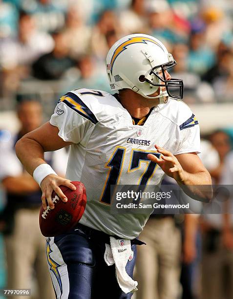 Philip Rivers of the San Diego Chargers throws a pass against the Jacksonville Jaguars at Jacksonville Municipal Stadium on November 18, 2007 in...