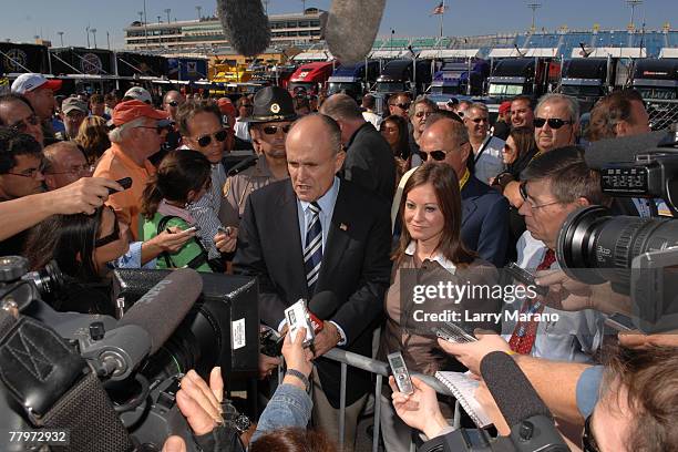 Presidential candidate and former New York City Mayor Rudy Giuliani with his wife Judith meet with the media priorto the NASCAR Nextel Cup Series...