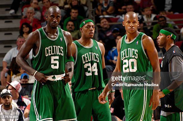 Kevin Garnett, Paul Pierce and Ray Allen of the Boston Celtics during the game against the Orlando Magic at Amway Arena on November 18, 2007 in...