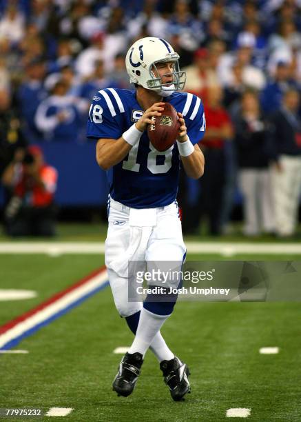 Quarterback Peyton Manning of the Indianapolis Colts drops back to pass in a game against the Kansas City Chiefs at the RCA Dome on November 18, 2007...