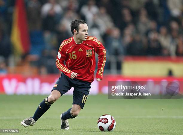 Andres Iniesta of Spain controls the ball during the Euro 2008 Group F qualifying match between Spain and Sweden at the Santiago Bernabeu Stadium on...