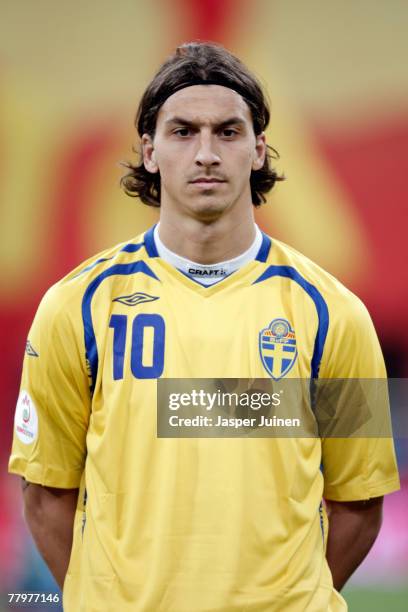 Zlatan Ibrahimovic of Sweden listens to his countries national anthem during the Euro 2008 Group F qualifying match between Spain and Sweden at the...