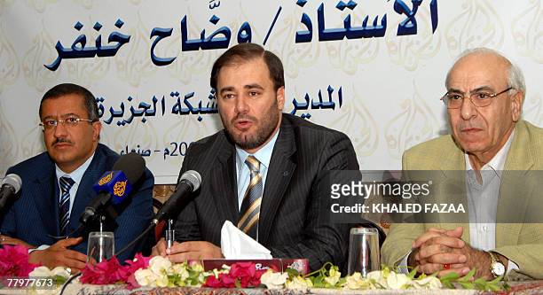 General Manager of Qatari Al-Jazeera TV network, Waddah Khanfar, speaks during a joint press conference with chairman of the Yemeni journalists'...