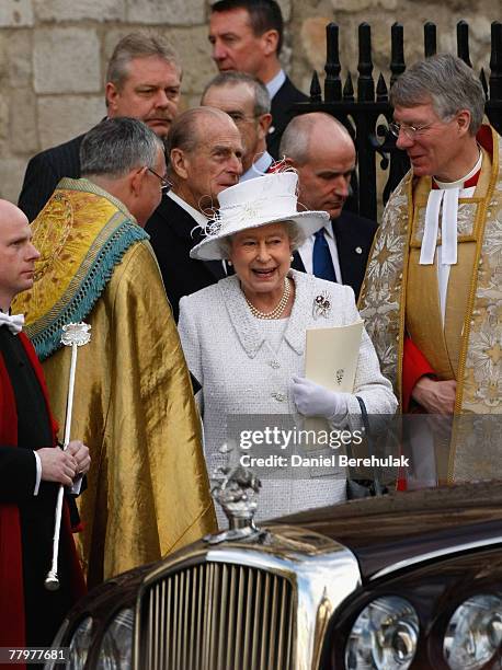 Queen Elizabeth II and Prince Phillip, the Duke of Edinburgh depart from a ceremony celebrating their 60th Diamond anniversary at Westminster Abbey...
