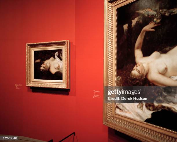 On the right, the Gustave Courbet painting, "La Femme au Perroquet" from 1866, and the smaller study to the left titled "Femme nue, etude pour la...