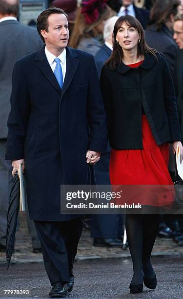 Leader of the Conservative Party, David Cameron departs with his wife Samantha from a ceremony celebrating Queen Elizabeth II's 60th Diamond...