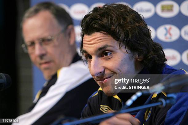 Coach Lars Lagerback and striker Zlatan Ibrahimovic answers questions during press conference with the national Swedish soccer team after a training...