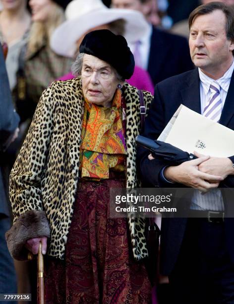 Countess Mountbatten of Burma, Prince Philip's cousin, accompanied by Mr. Michael-John Knatchbull, attends a service of thanksgiving at Westminster...