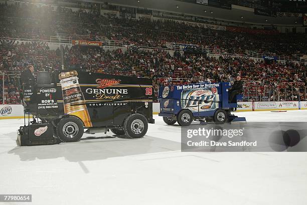 Zamboni machines clear the ice during the Nashville Predators game against the Detroit Red Wings at Joe Louis Arena on November 7, 2007 in Detroit,...