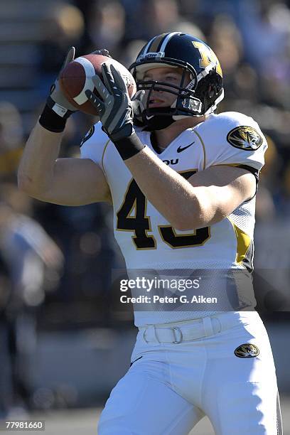 Tight end Chase Coffman of the Missouri Tigers during warm ups before a game against the Kansas State Wildcats on November 17, 2007 at Bill Snyder...