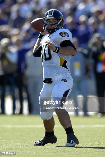 Quarterback Chase Daniel of the Missouri Tigers gets ready to throw the ball down field in the second half against the Kansas State Wildcats on...