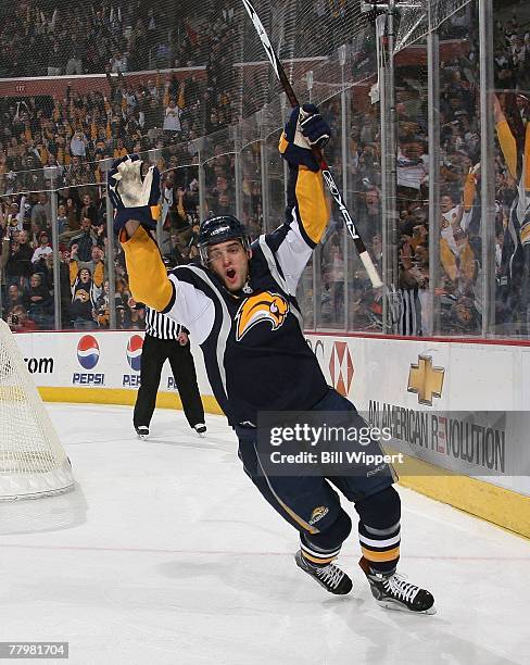 Clarke MacArthur of the Buffalo Sabres celebrates his first period goal against the Montreal Canadiens on November 16, 2007 at HSBC Arena in Buffalo,...