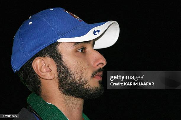 Emirati rider Sheikh Majid al-Maktoum, son of Dubai ruler Sheikh Mohammed bin Rashid al-Maktoum, poses on the podium after winning the gold medal in...