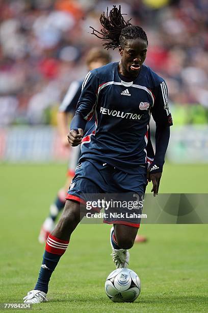 Shalrie Joseph of the New England Revolution handles the ball against the Houston Dynamo during the 2007 Major League Soccer Cup at RFK Stadium on...