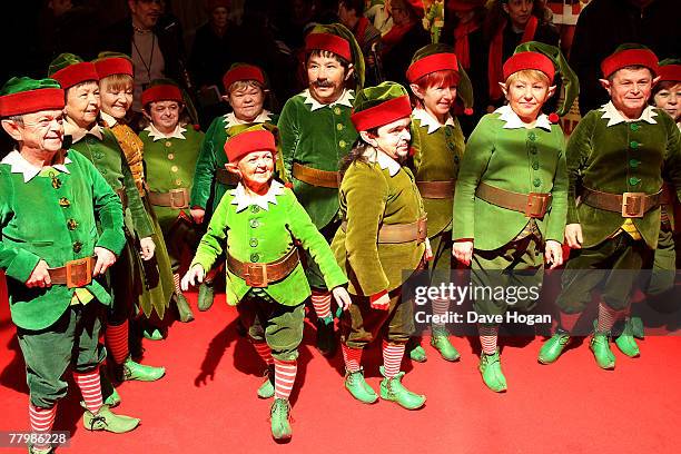 Actors dressed as elves arrive at the European premiere of "Fred Claus" at the Empire cinema Leicester Square on November 19, 2007 in London, England.