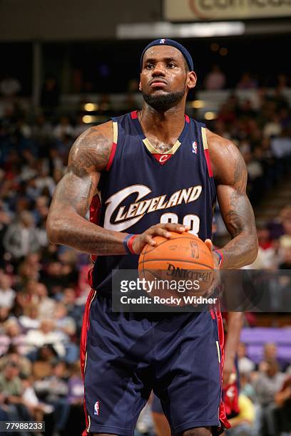 LeBron James of the Cleveland Cavaliers shoots a free throw during the game against the Sacramento Kings on November 9, 2007 at Arco Arena in...