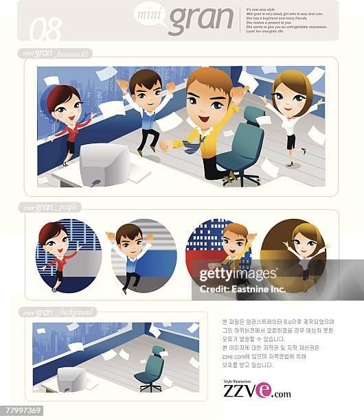 four office workers throwing pieces of papers in an office - looking down at camera stock illustrations