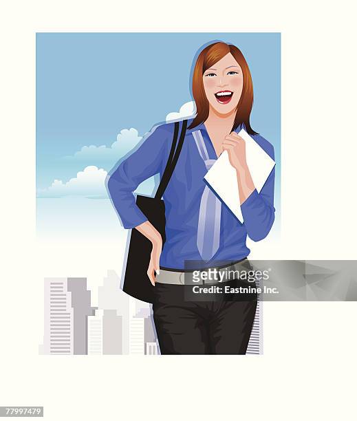 ilustraciones, imágenes clip art, dibujos animados e iconos de stock de portrait of a businesswoman laughing - melena mediana