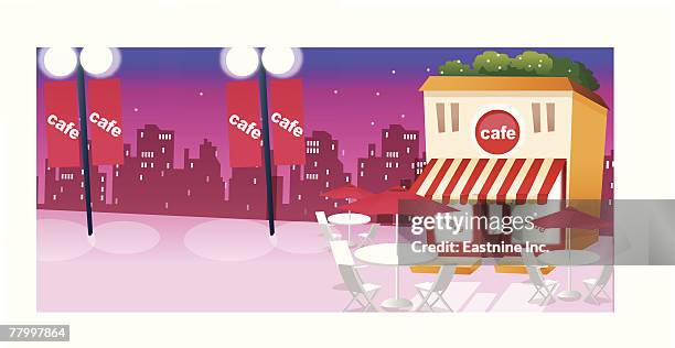 tables and chairs at a sidewalk cafe - outside cafe stock illustrations