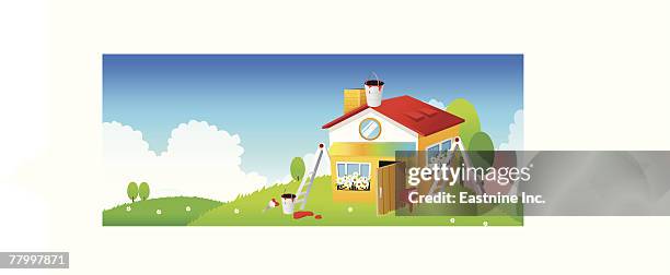 house on a hill - reading outside stock illustrations