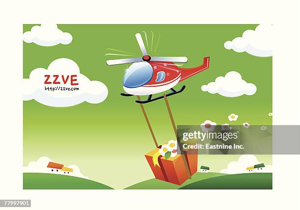 gift hanging on a helicopter - helicopter landing stock illustrations