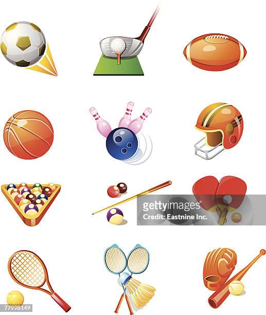 ilustraciones, imágenes clip art, dibujos animados e iconos de stock de different types of sports favors - taco de billar