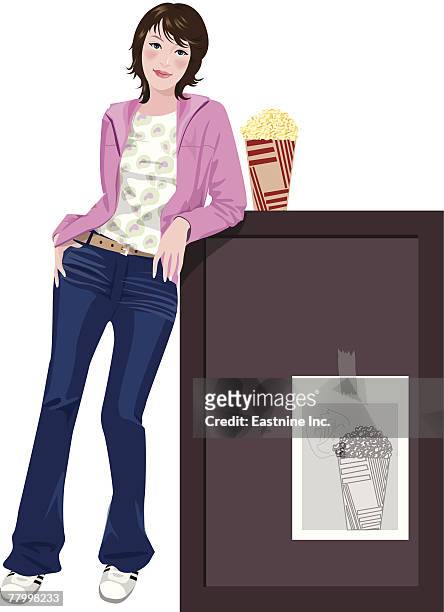 ilustraciones, imágenes clip art, dibujos animados e iconos de stock de young woman leaning against an information board - melena mediana
