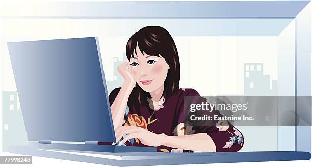 close-up of a woman using a laptop - using laptop close up stock illustrations