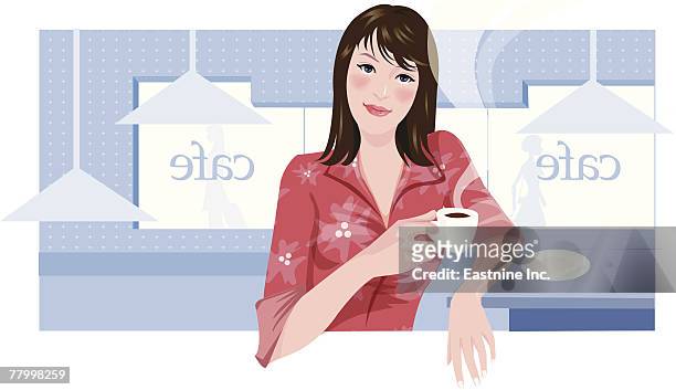 ilustraciones, imágenes clip art, dibujos animados e iconos de stock de portrait of a woman holding a cup of tea - melena mediana