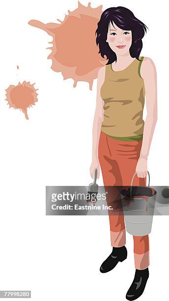 portrait of a woman holding a paint can and a paintbrush - sleeveless top stock illustrations